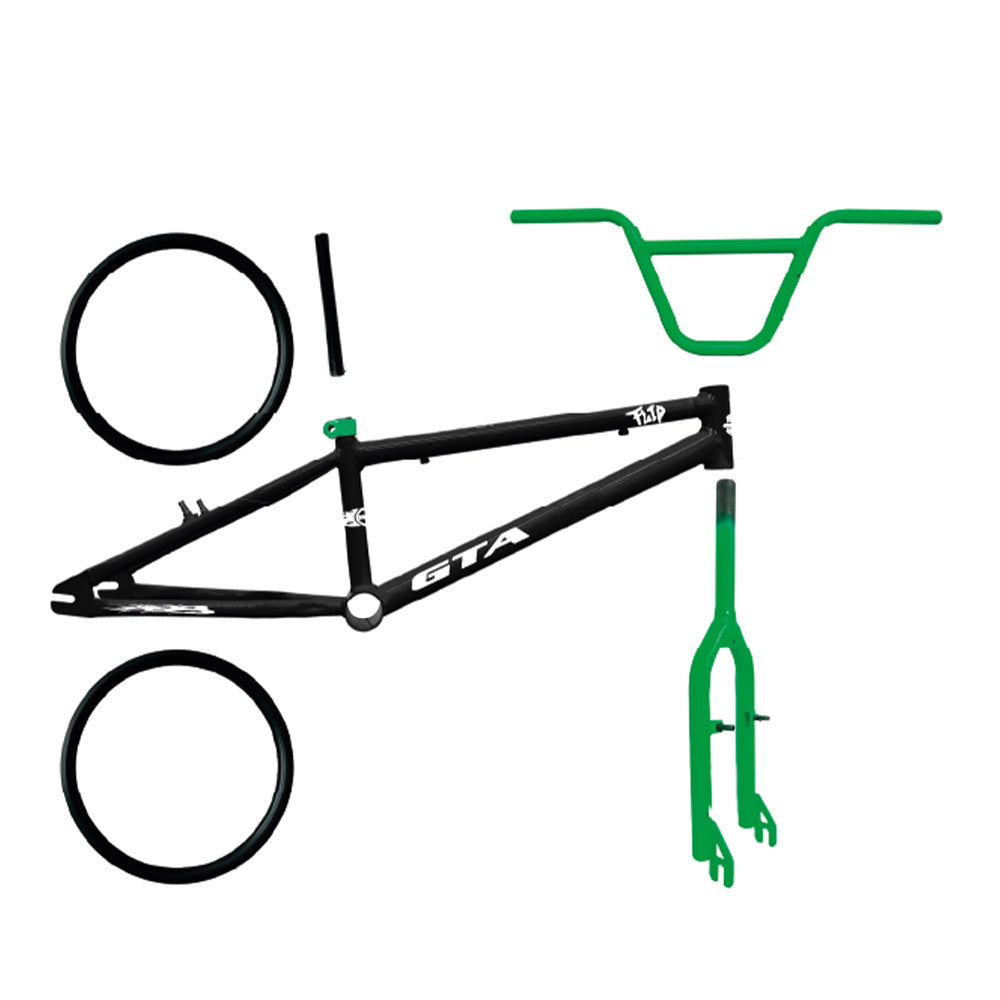 Quadro 20 bmx gta flip preto e verde com kit (par de aro, guidao, garfo e canote)